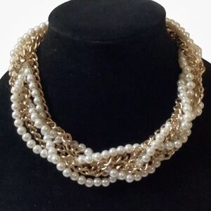Gold Tone with Faux Pearls Necklace Braided Vintage Statement Necklace
